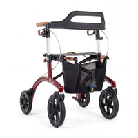 Saljol Allround Bariatric Rollator with four black all-terrain wheels, mesh bag, and brown handles, front angle view.