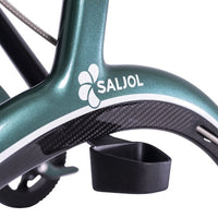 Saljol Bariatric Carbon Rollator frame with logo, cup holder attached to frame, lightweight walking aid close-up.