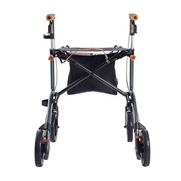 Saljol Bariatric Carbon Rollator with four wheels, ergonomic handles and storage pouch, front view.