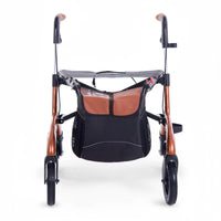 Saljol Carbon Rollator with black bag and brown accents on a white background, front view.