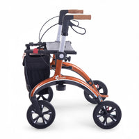 Saljol Carbon Rollator with hand brakes, seat and mesh pouch on white background, front angled view.