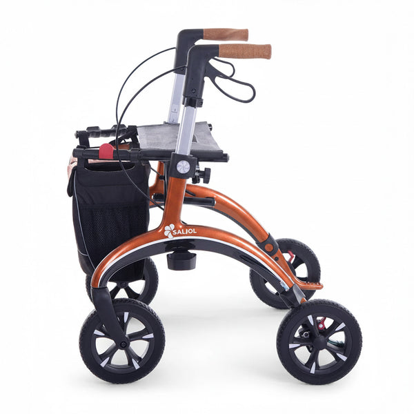 Saljol Carbon Rollator with hand brakes, seat and mesh pouch on white background, front angled view.