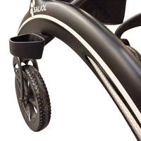 Saljol Carbon Rollator frame with a cup holder and front wheel, side view.