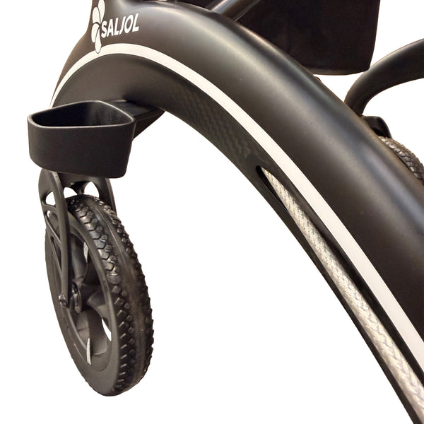 Saljol Carbon Rollator frame with a cup holder and front wheel, side view.