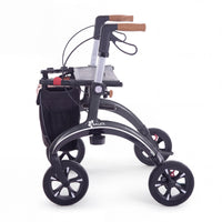 Saljol Carbon Rollator with seat, storage bag, and adjustable handles, side view.
