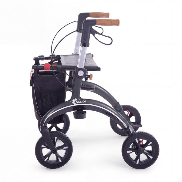 Saljol Carbon Rollator with seat, storage bag, and adjustable handles, side view.