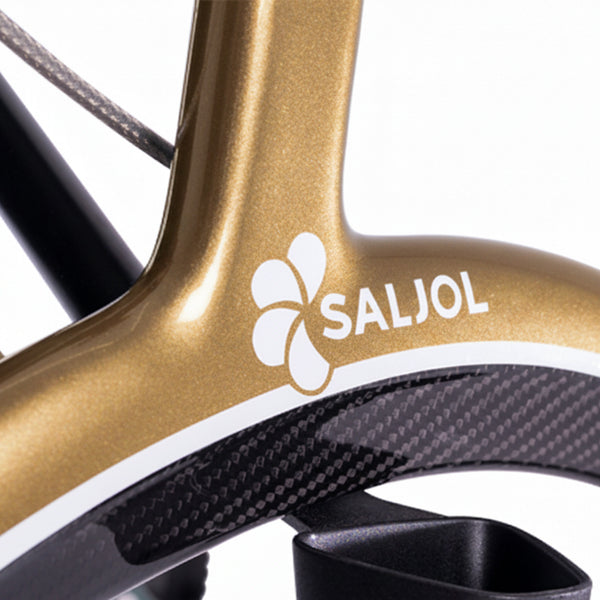 Saljol Carbon Rollator with white Saljol logo, clover design, and black carbon fibre detail, close-up.