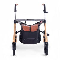 Saljol Carbon Rollator with four wheels and a large storage bag, front view.