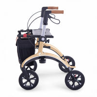 Saljol Carbon Rollator with four wheels, hand brakes, seat and storage bag, side view.