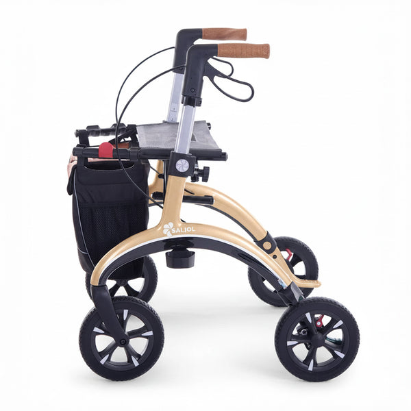 Saljol Carbon Rollator with four wheels, hand brakes, seat and storage bag, side view.