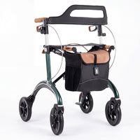 Saljol Carbon Rollator with hand brakes, sturdy frame and black-brown bag on white background, front angle.