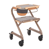 Saljol Indoor Rollator with grey pads, cork basket and four black caster wheels for indoor use, front view.