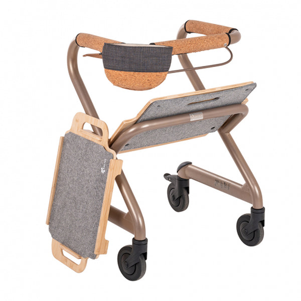 Saljol Indoor Rollator with cork handle, felt tray, fabric pouch and sturdy frame for indoor use, side view.