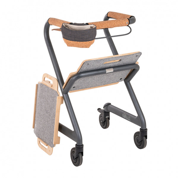 Saljol Indoor Rollator with wheels, fabric basket, and foldable tray for indoor mobility support, front angle view.