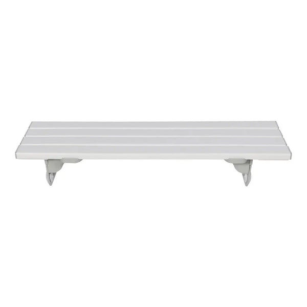 Savanah slatted bath board with reinforced plastic slats and two support brackets, designed for wall mounting, angled view.