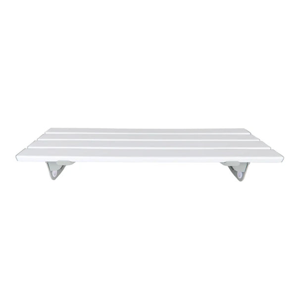 Bath board with four reinforced slats and two triangular support brackets, resting across bathtub, angled side view.