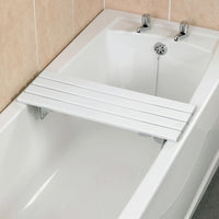Savanah Slatted Bath Board with reinforced plastic slats across a bathtub, silver taps and tiled background, top view.