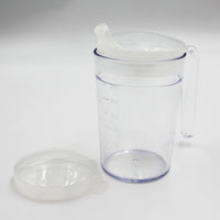 Homecraft Shatterproof Mug with handle, measurement markings, anti-spill lid and spare lid, front view.