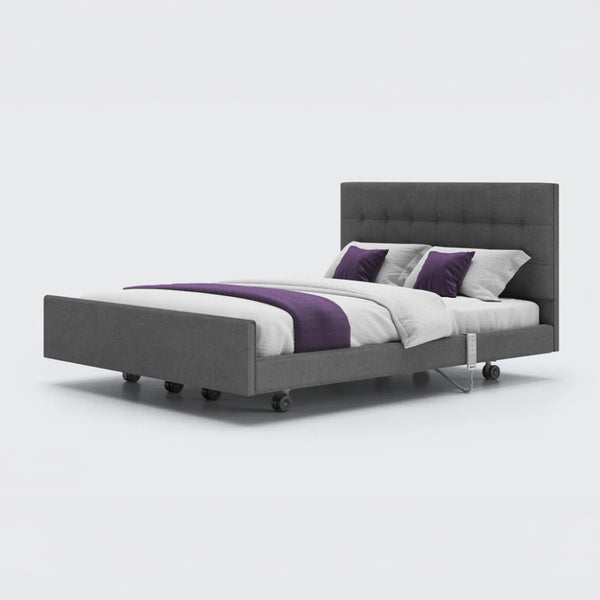 Opera Beds Signature Comfort Dual Profiling Bed with white bedding and purple accents on a plain background, front view.