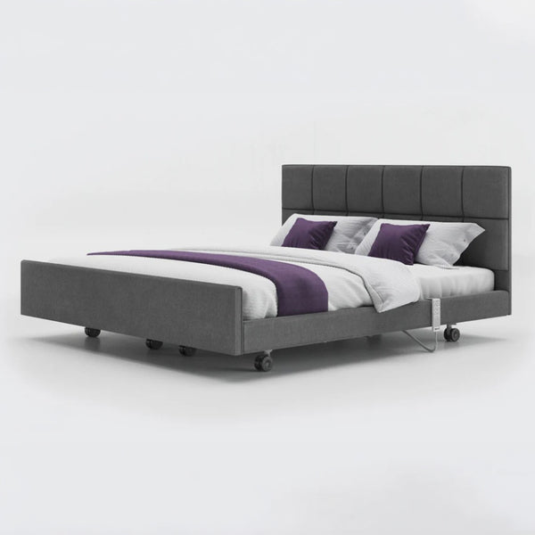 Opera Beds Signature Comfort Dual Profiling Bed with white bedding and purple accents, plain white background, front view.