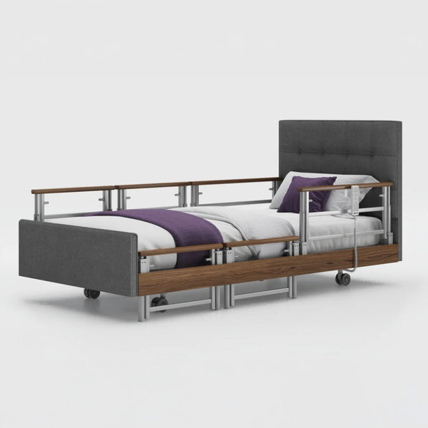 Opera Beds Signature Comfort Plus Profiling Bed with adjustable side rails, modern design, front view.