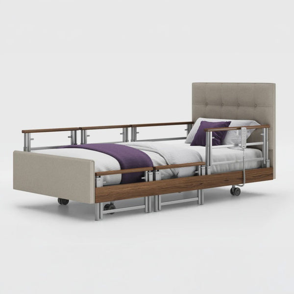 Opera Beds Signature Comfort Plus Profiling Bed with wood accents and adjustable side rails, front view.