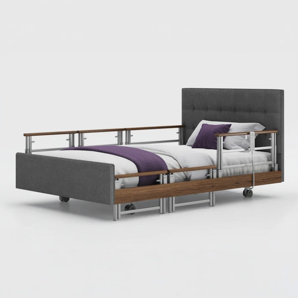 Opera Beds Signature Comfort Plus Profiling Bed with adjustable rails, fabric headboard and footboard, side view.