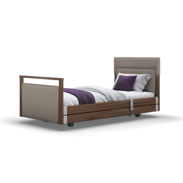 Opera Beds Signature Upholstered Profiling Bed with wood accents and bedding, linen fabric finish, white background, front view.