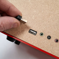 Hand holding a USB plug near an E2L Simple Music Player port with three audio jacks on a wooden panel, close-up.