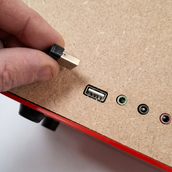 Hand holding a USB plug near an E2L Simple Music Player port with three audio jacks on a wooden panel, close-up.
