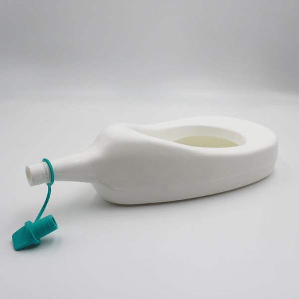Homecraft Slipper Urinal with cap, plastic design, displayed on its side against a plain white background, side view.