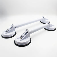 Small adjustable suction cup grab bar with black bases, used for bathroom safety and shower support, front view.