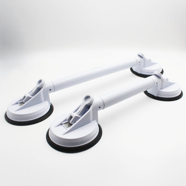 Small adjustable suction cup grab bar with black bases, used for bathroom safety and shower support, front view.