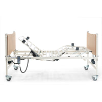 Sidhil Solite Pro Electric Bed with metal frame, wooden boards, caster wheels, remote control attached, side view.