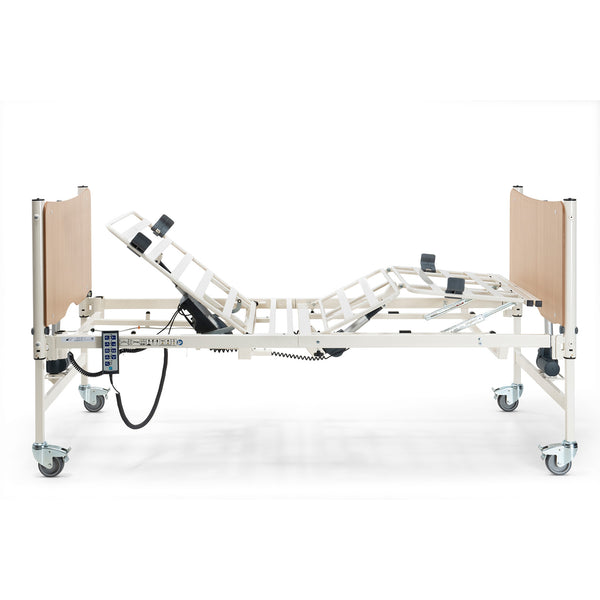 Sidhil Solite Pro Electric Bed with metal frame, wooden boards, caster wheels, remote control attached, side view.