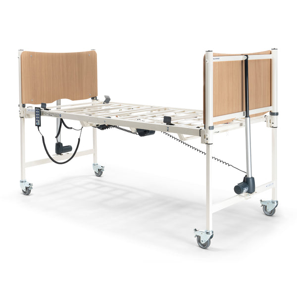 Sidhil Solite Pro Electric Bed with wood panels, metal frame, remote control and wheels, side view.