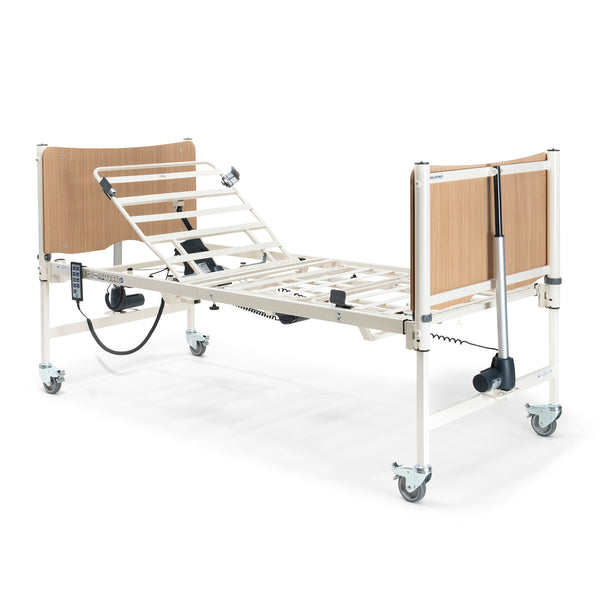 Sidhil Solite Pro Electric Bed with metal frame, wooden ends, wheels and electric controls, side view.
