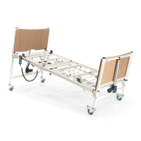 Sidhil Solite Pro Electric Bed with wheels, wooden headboard and footboard, shown without mattress, side view.