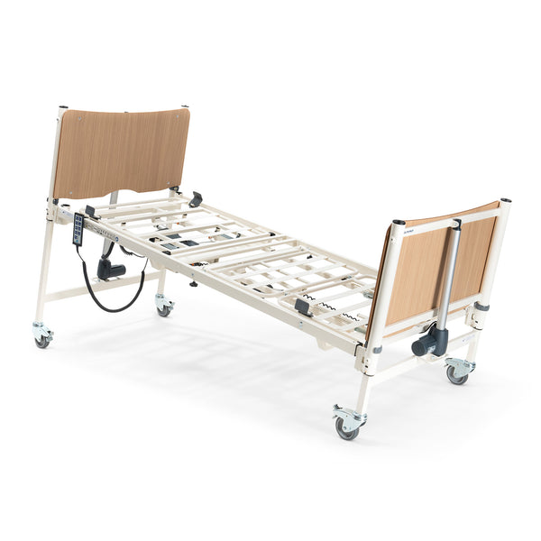 Sidhil Solite Pro Electric Bed with wheels, wooden headboard and footboard, shown without mattress, side view.