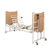 Drive Solite Pro Ultra Low Bed with metal frame, adjustable sections, wooden ends and castors, side view.
