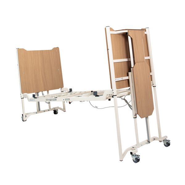 Drive Solite Pro Ultra Low Bed with wooden panels and foldable metal legs on wheels, ultra low design for safety, front view.