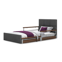 Profiling floor bed with wooden rails, white bedding, and purple accents, front view.