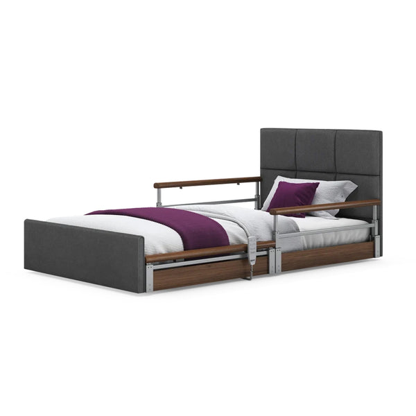 Profiling floor bed with wooden rails, white bedding, and purple accents, front view.