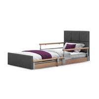 Opera Beds Solo Comfort Plus Profiling Floor Bed with side rails, white bedding and purple accents, front view.