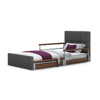 Opera Beds Solo Comfort Plus Profiling Floor Bed with side rails, wood accents and purple bedding, front view.