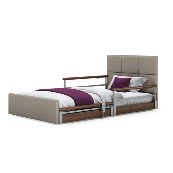 Opera Beds Solo Comfort Plus Profiling Floor Bed with side rails, pillow and blanket, front angle view.