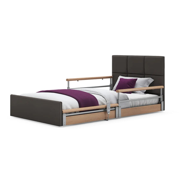 Adjustable height floor bed with leatherette finish and wooden side rails, Solo Comfort Plus Profiling, side view.