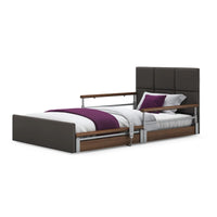 Opera Beds Solo Comfort Plus Profiling Floor Bed with rails and white bedding, white background, front view.