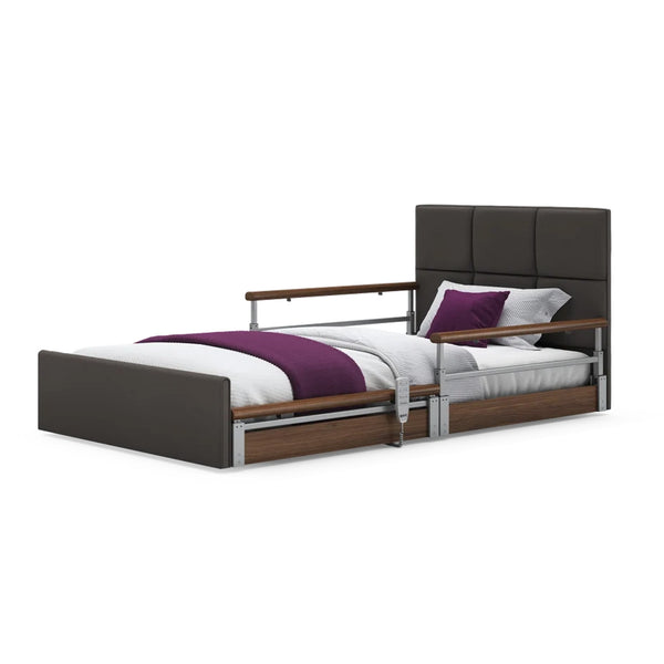 Opera Beds Solo Comfort Plus Profiling Floor Bed with rails and white bedding, white background, front view.