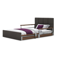 Opera Beds Solo Comfort Plus Profiling Floor Bed with side rails, brown leatherette frame, white bedding, purple accents, front view.